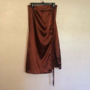 Cider Satin Brown Drawstring Midi Skirt